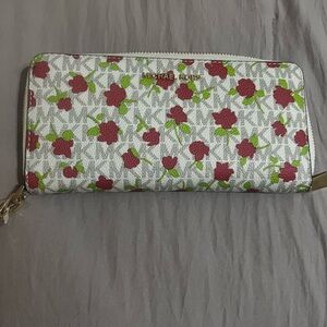 Michael Kors White Floral Zip Wallet with Red Roses